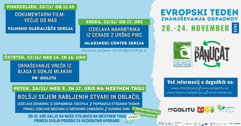 Bol&scaron;ji sejem, brezplačna malica, izdelovanje nahrbtnika iz cerade &hellip; vse to in &scaron;e več v Idriji med 20. in 24. novembrom 2023 ob Evropskem tednu zmanj&scaron;evanja odpadkov!